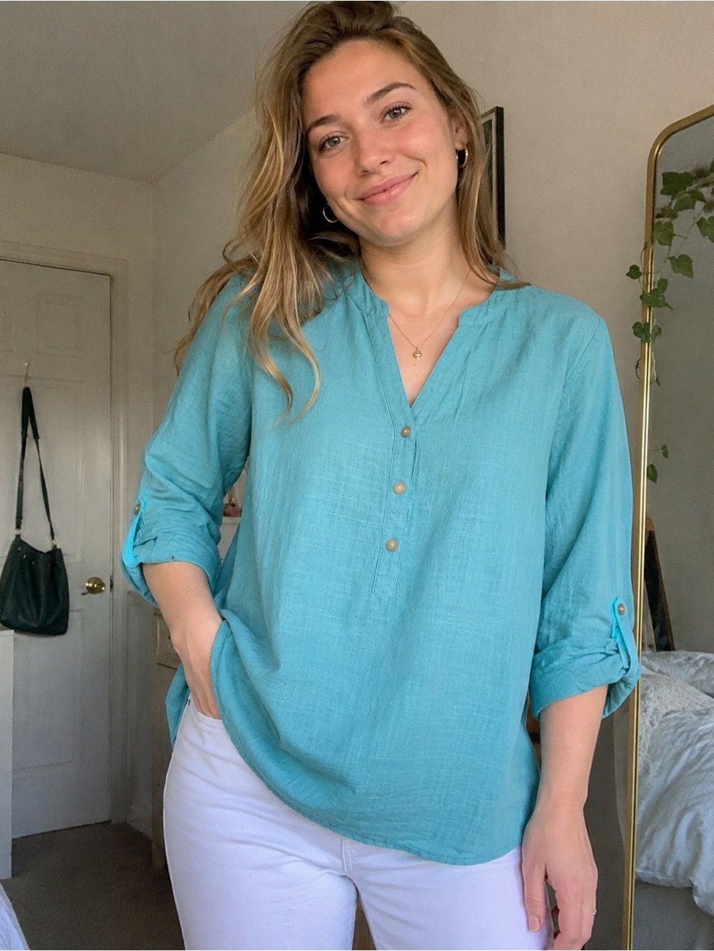Riders by Lee Women's XL Aqua Teal Roll-Tab Sleeve Henley Blouse